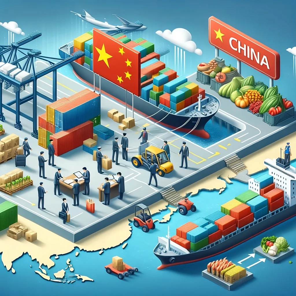 Processo de exportação de commodities e alimentos para a China, mostrando um porto com navios de carga, contêineres sendo carregados e oficiais de alfândega inspecionando mercadorias, com um mapa da China ao fundo destacando o fluxo de bens.